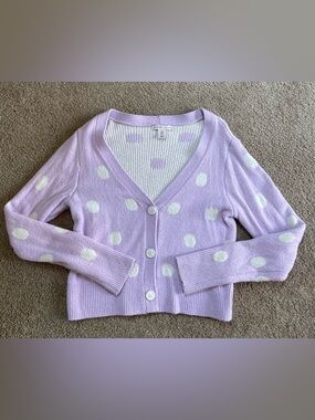 Sincerly Jules Lavender Polka Dot V‑Neck Button Cardigan